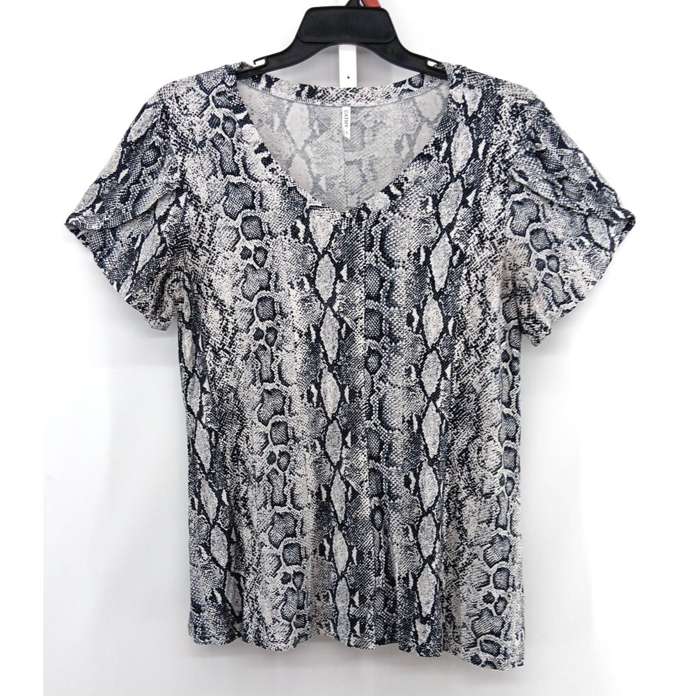 Cathy Shirt Womens Size XL Black White Animal Print Short Sleeve V Neck Top